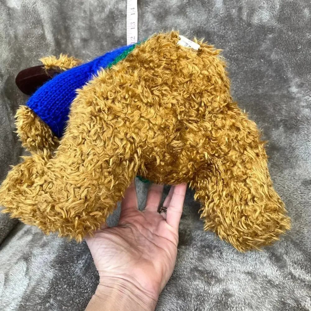 Vintage Reindeer Plush Moose Brown Curly Hair Blue Sweater 15” HugFun Toy TAGS